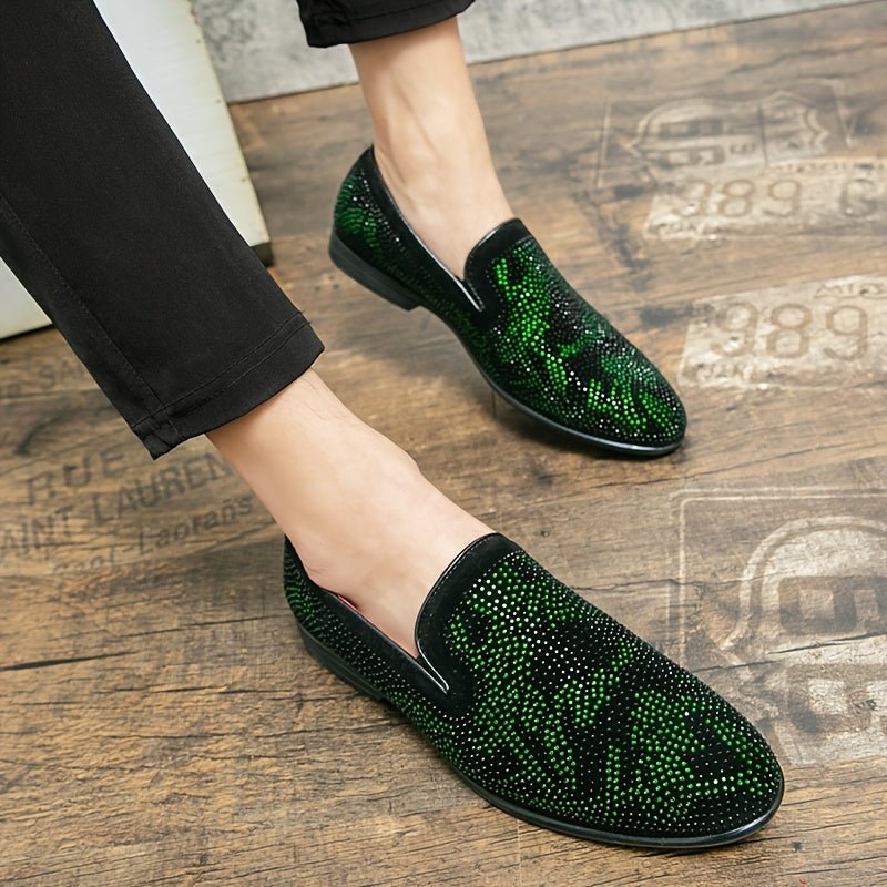 SHOWLU Men's green rhinestone slip-on loafers with pointed toe, black PU upper, rubber sole, suitable for casual or formal wear.