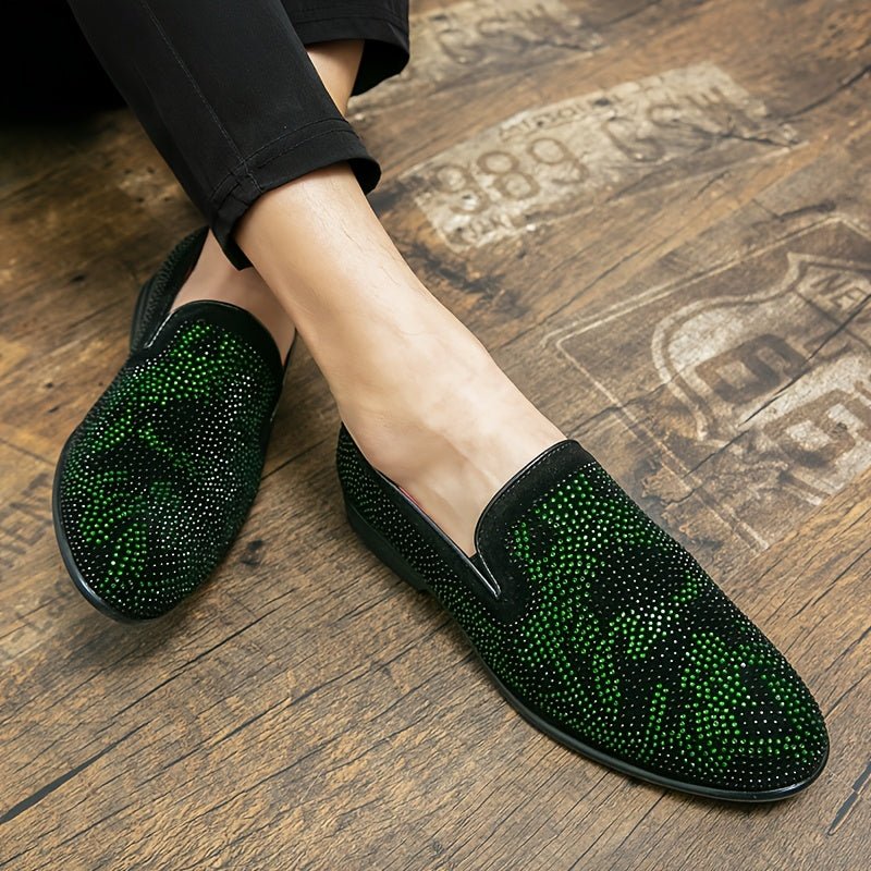 SHOWLU men's green rhinestone slip-on loafers with pointed toe, black PU upper, rubber sole, suitable for casual or formal wear