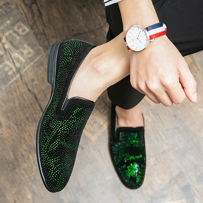 SHOWLU Men's green rhinestone slip-on loafers with pointed toe, black PU upper, rubber sole, stylish dress shoes for casual or formal wear.