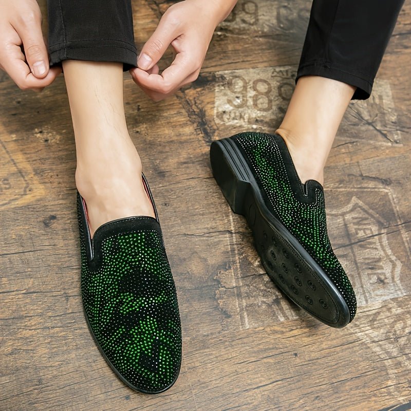 SHOWLU men's green rhinestone slip-on loafers with pointed toe and black PU upper, stylish dress shoes with rubber sole for casual or formal wear
