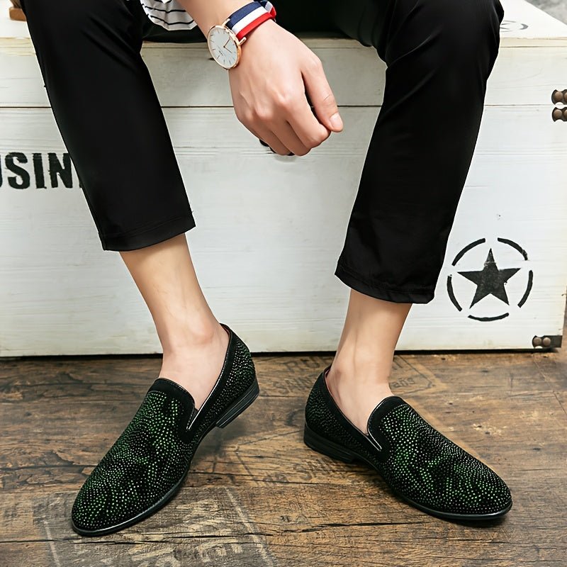 SHOWLU men's green rhinestone slip-on loafers with pointed toe and black PU upper, stylish dress shoes for casual or formal wear