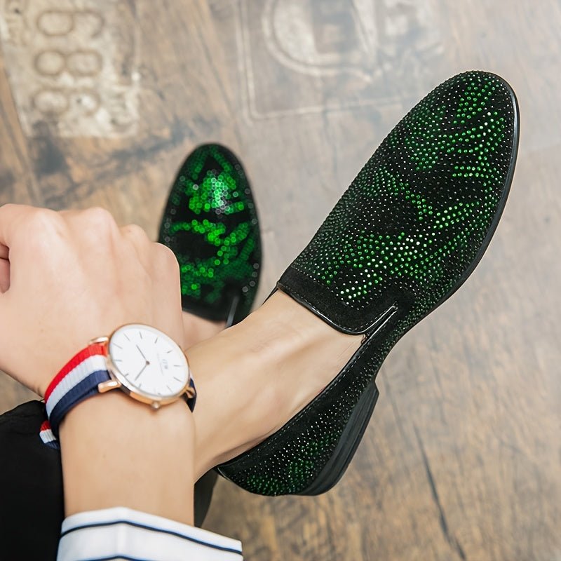 Men's green rhinestone slip-on loafers with pointed toe, black PU upper and rubber sole, stylish dress shoes for casual or formal wear
