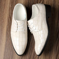 SHOWLU green crocodile-pattern lace-up Oxford dress shoes for men, glossy PU finish with rubber sole, suitable for office or formal occasions.