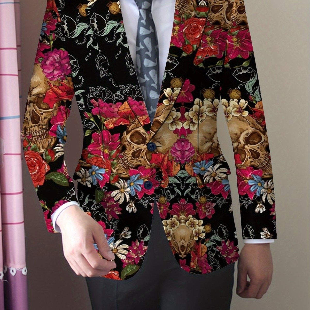 Men's gothic skull print blazer from SHOWLU FASHION STORE, slim fit stretch suit jacket with long sleeves and button details.