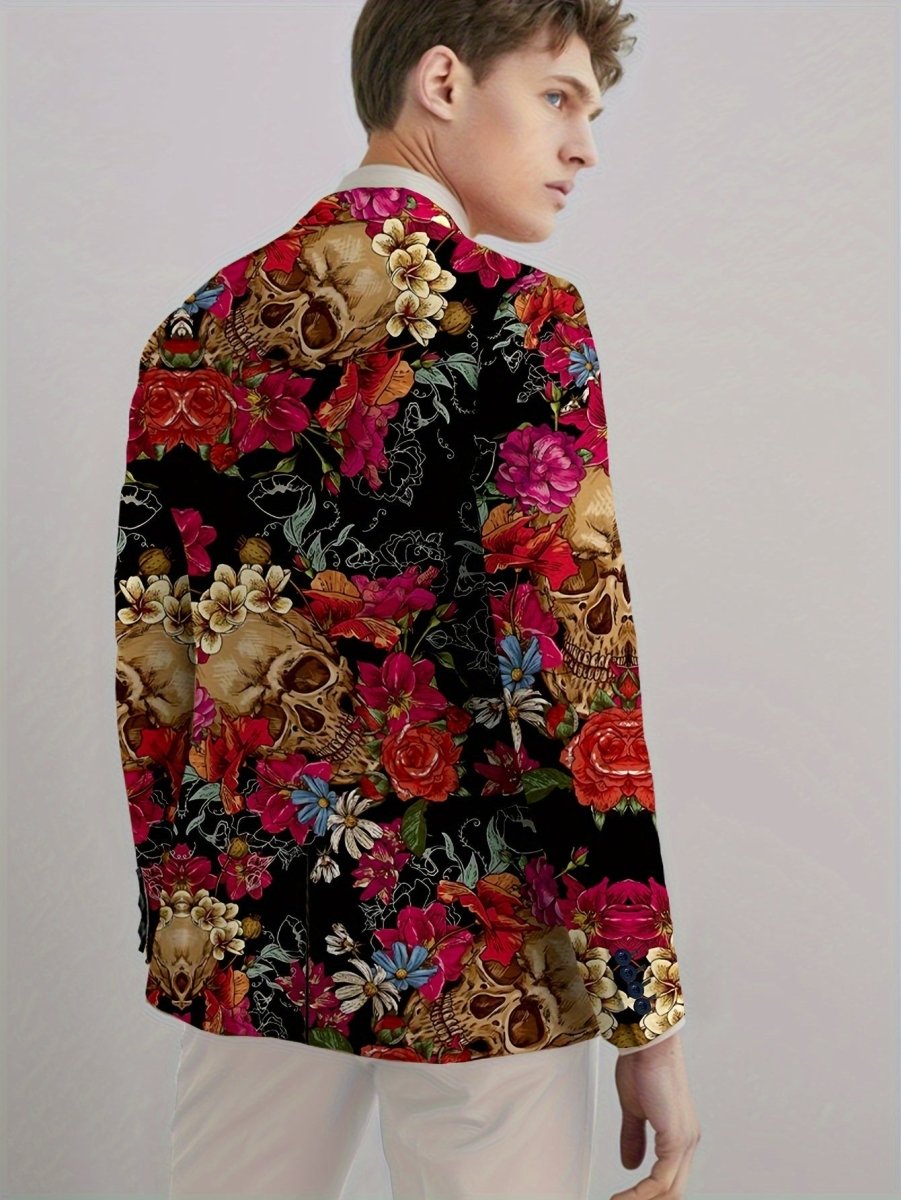 Men's gothic skull print blazer by SHOWLU FASHION STORE, slim fit stretch suit jacket with long sleeves and button details.