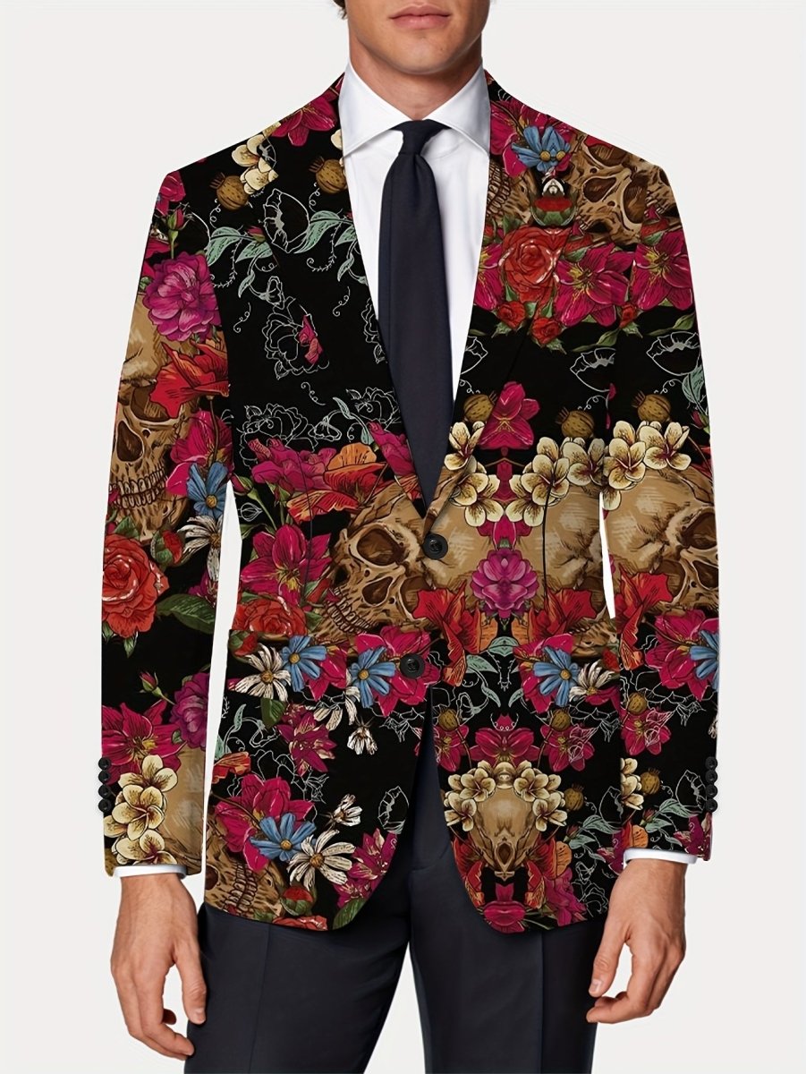 Men's gothic skull print blazer by SHOWLU, slim fit stretch suit jacket with long sleeves and button details for all-season wear.