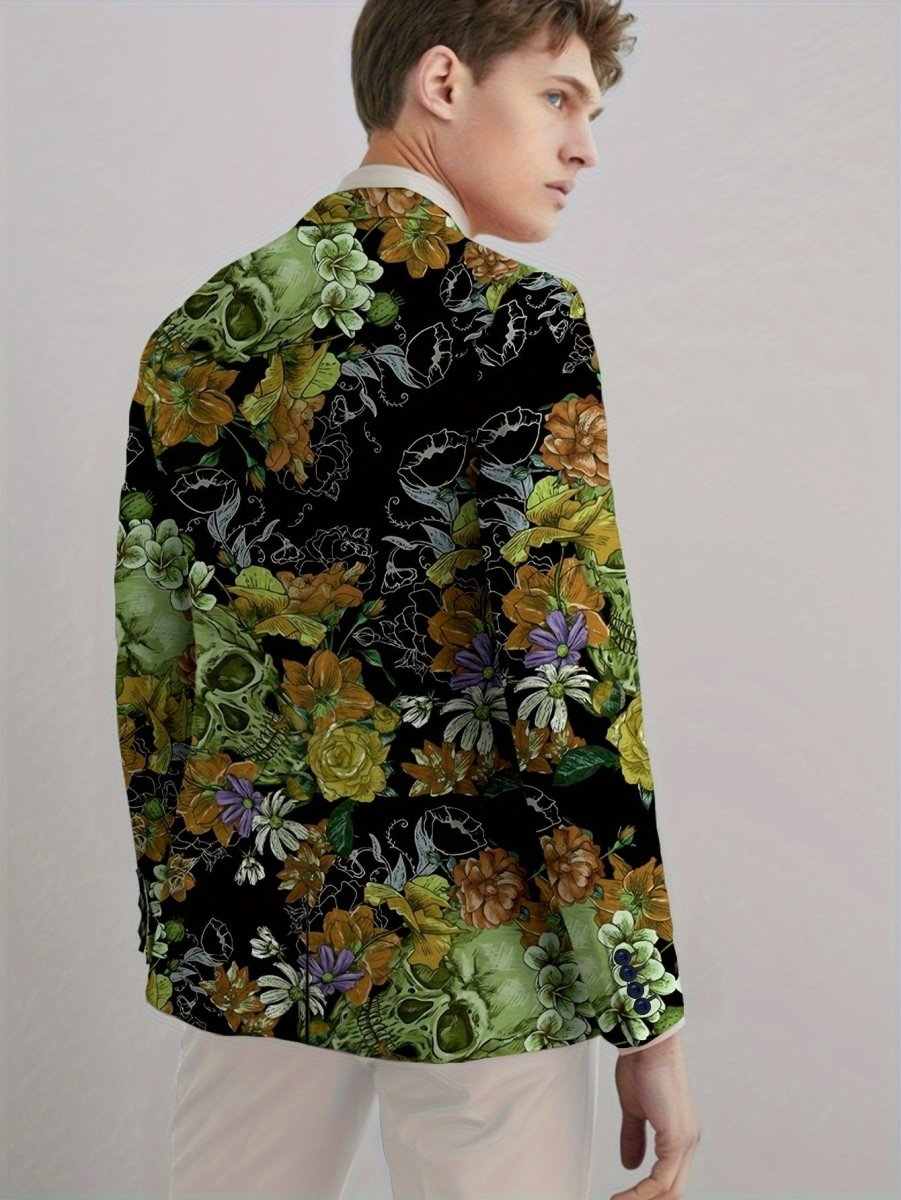 SHOWLU Men's Gothic Skull Print Blazer, slim fit stretch suit jacket with long sleeves, button details, suitable for all seasons.