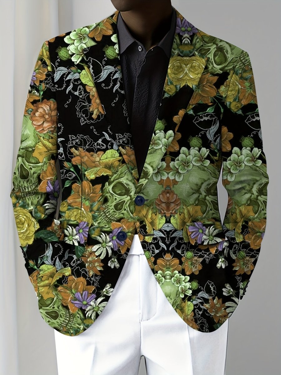 SHOWLU Men's Gothic Skull Print Blazer, slim fit stretch suit jacket with long sleeves, button detail, ideal for mature men.