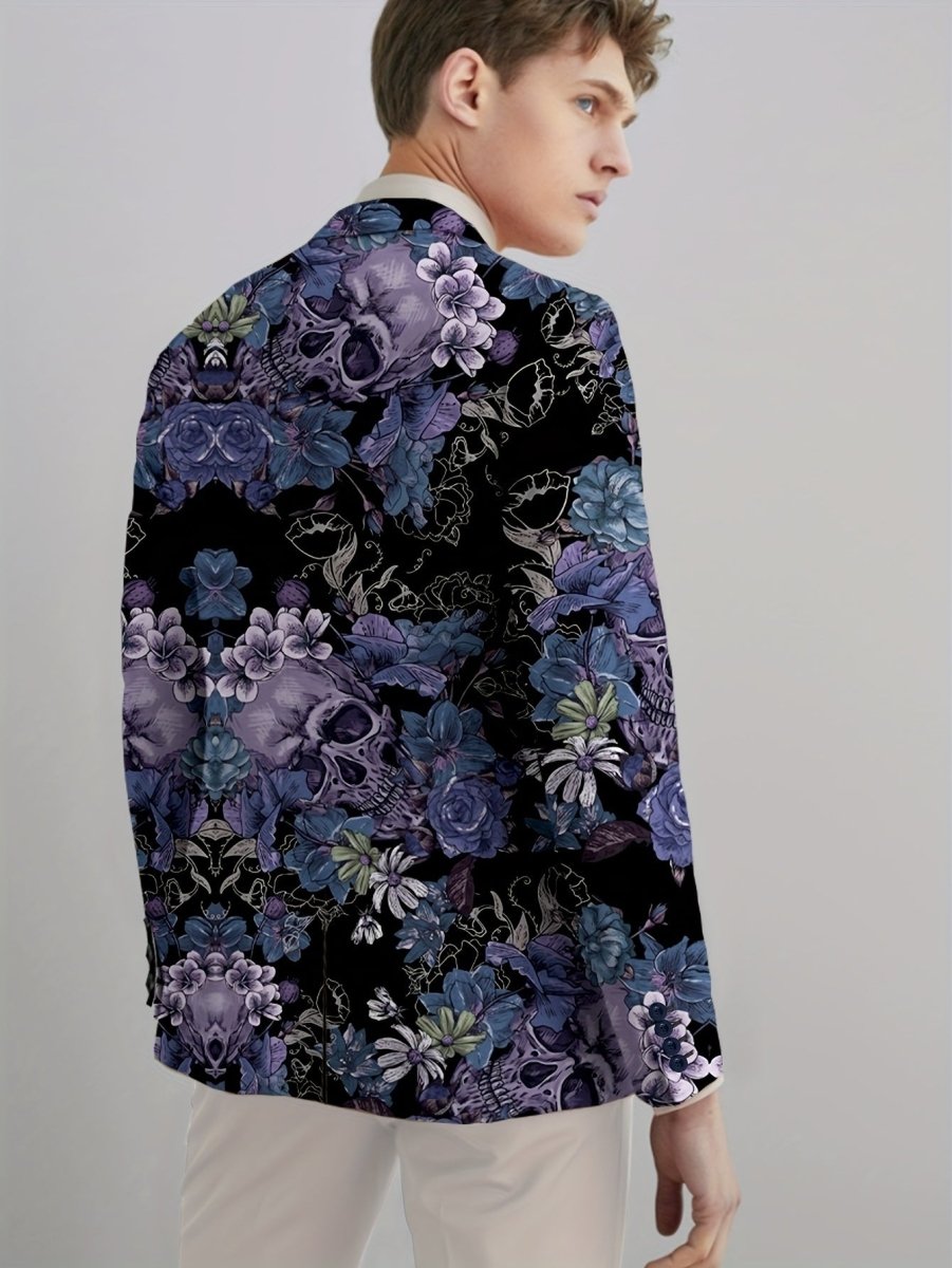 Men's gothic skull print blazer by SHOWLU, slim fit stretch suit jacket with long sleeves, button details, ideal for all-season wear.