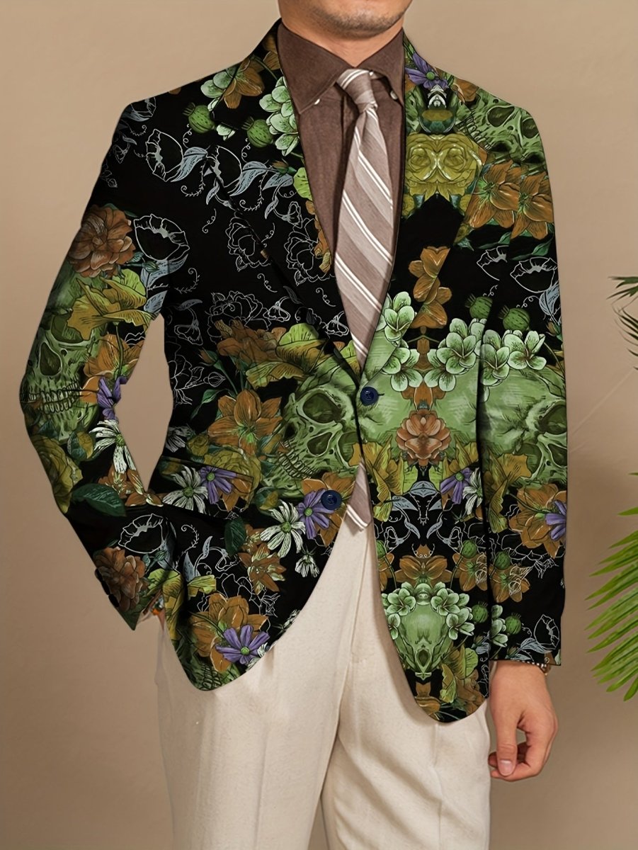 Men's gothic skull print blazer by SHOWLU, slim fit stretch suit jacket with long sleeves and button details for mature men.