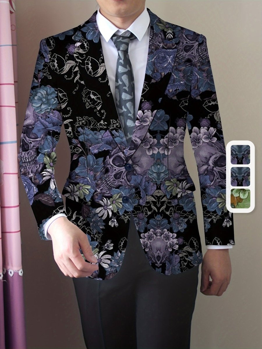 Men's gothic skull print blazer by SHOWLU, slim fit stretch suit jacket with long sleeves and button details for mature men.
