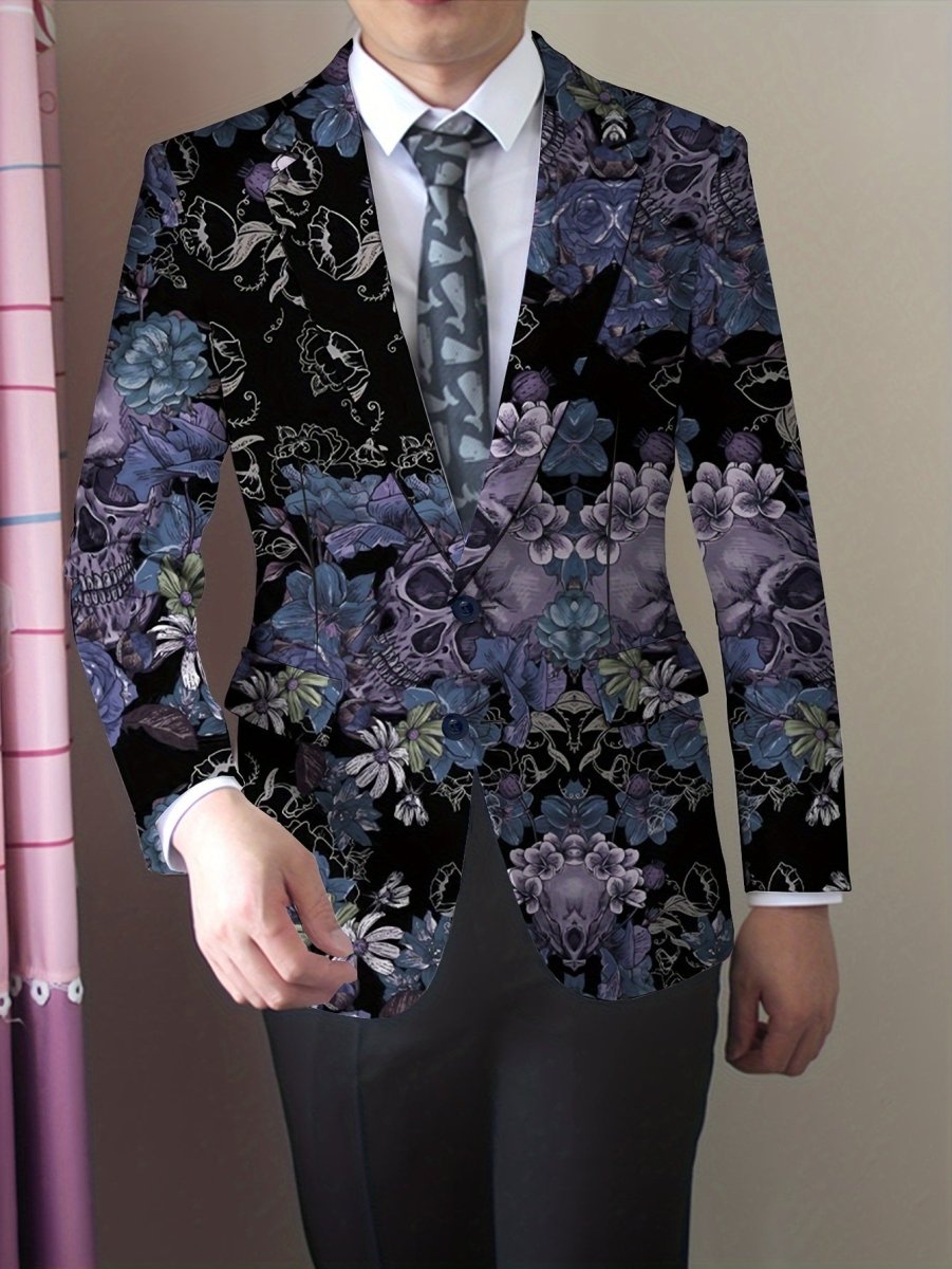 Men's gothic skull print blazer by SHOWLU, slim fit stretch suit jacket with long sleeves and button details for mature men.
