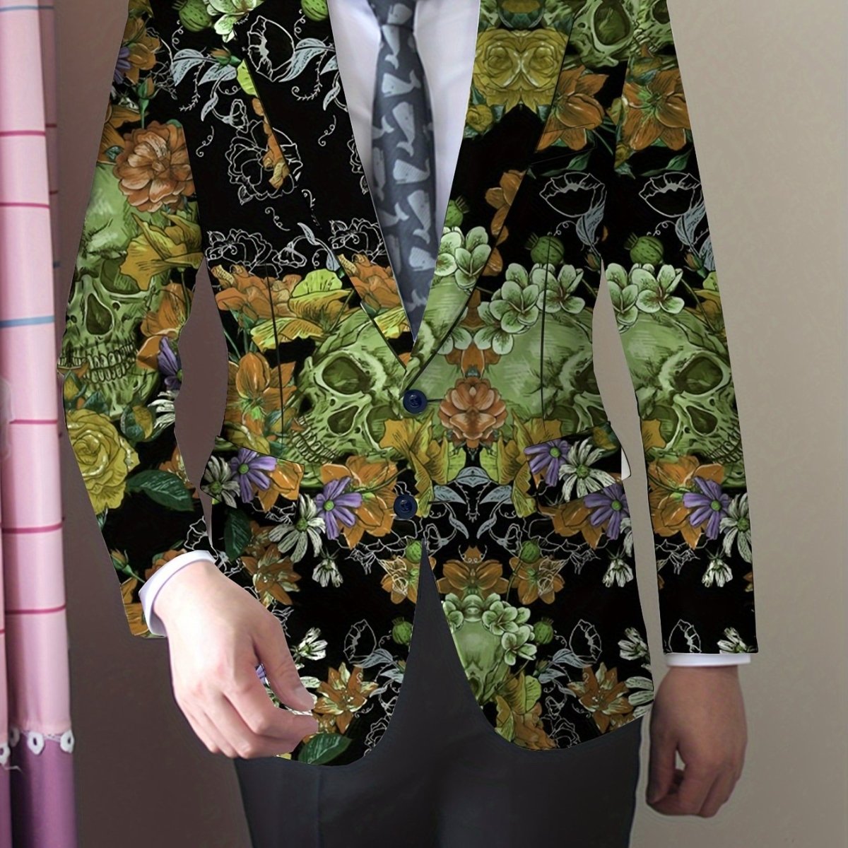 Gothic skull print men's blazer by SHOWLU FASHION STORE, slim fit stretch suit jacket with long sleeves and button details.