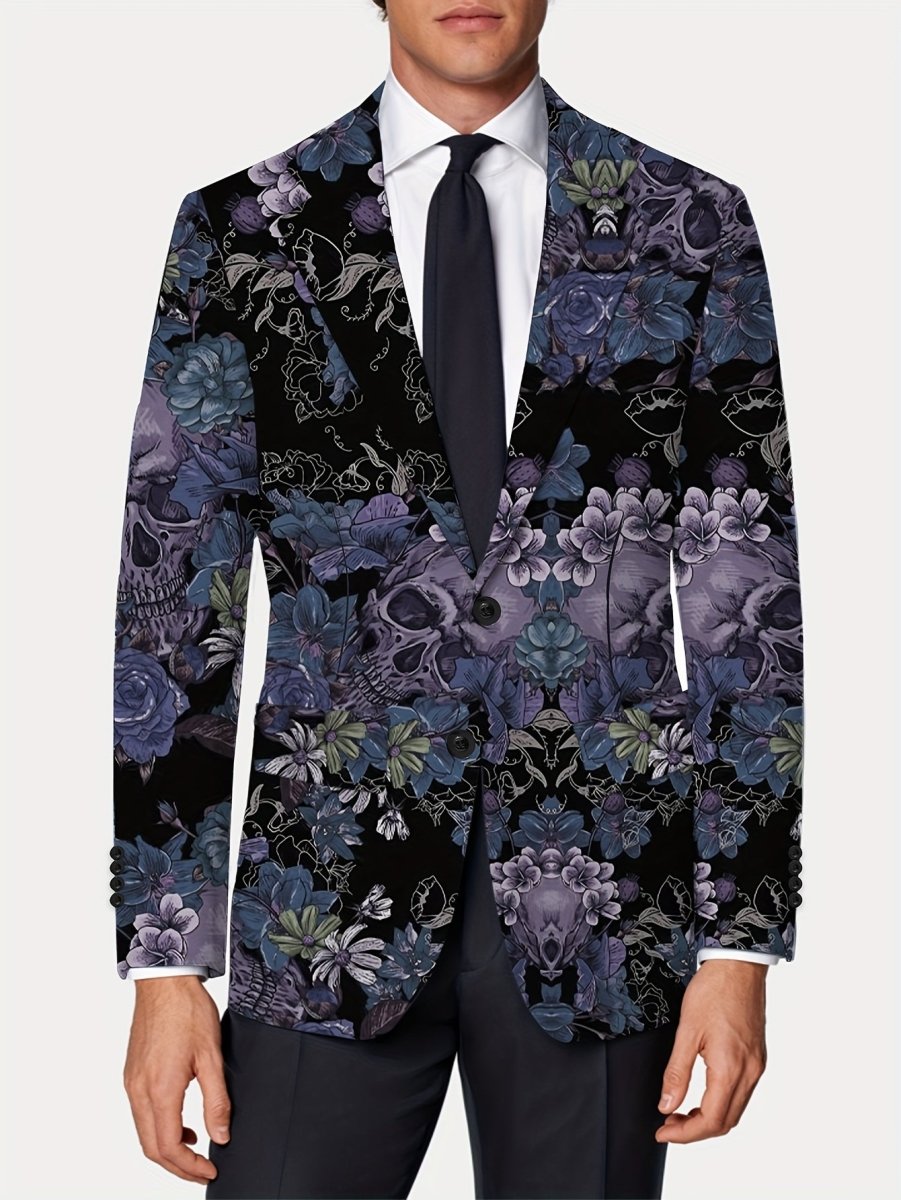 Men's gothic skull print blazer by SHOWLU, slim fit stretch suit jacket with long sleeves and button detail, suitable for all seasons.