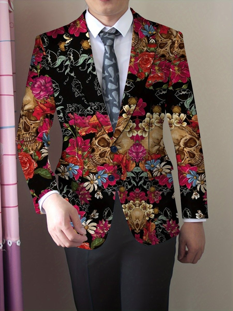 Men's gothic skull print blazer by SHOWLU, slim fit stretch suit jacket with long sleeves and button details for mature men.