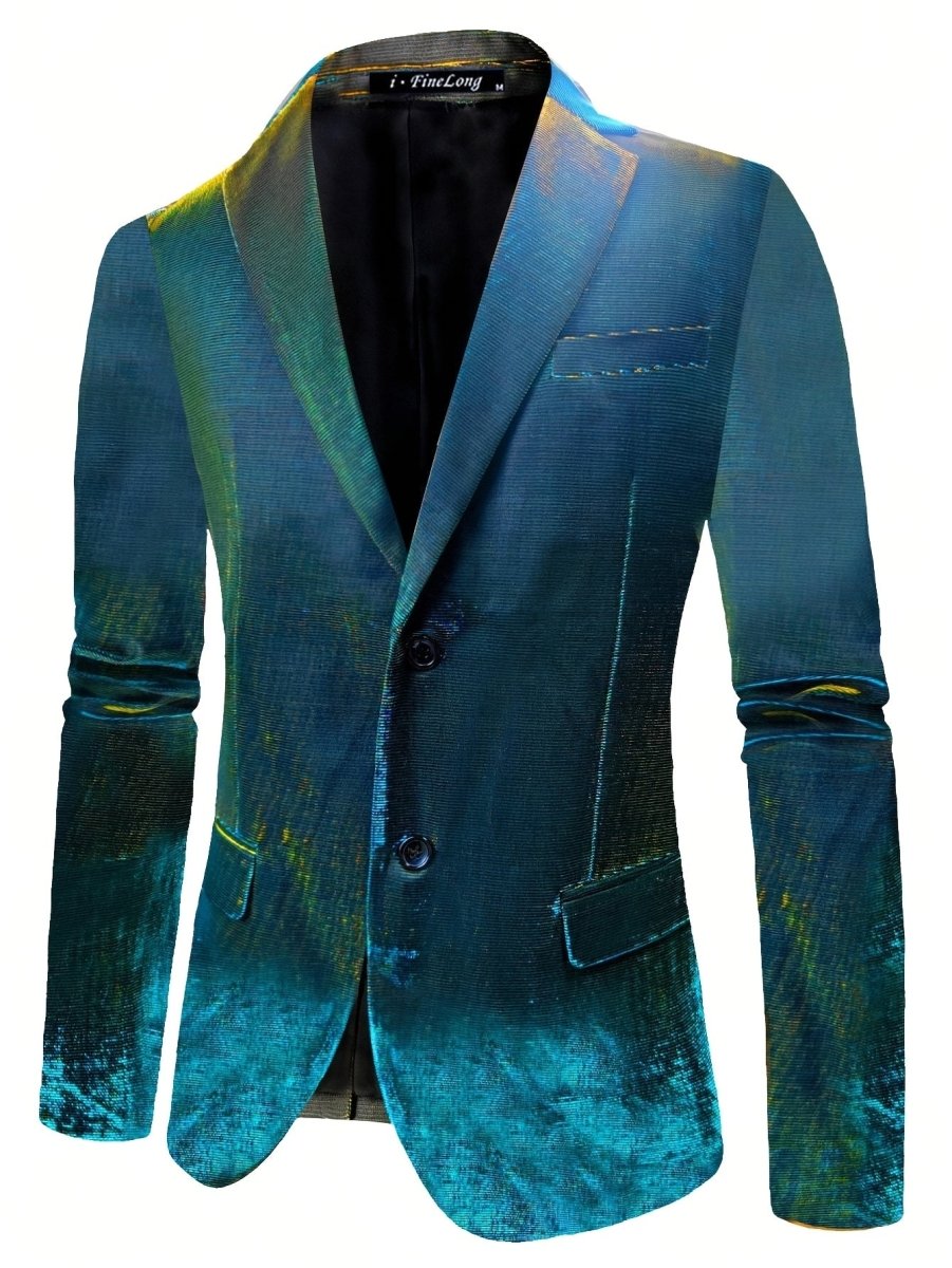 Men's SHOWLU FASHION ombre gradient party blazer in dark green to blue with flap pockets, perfect for weddings and events.