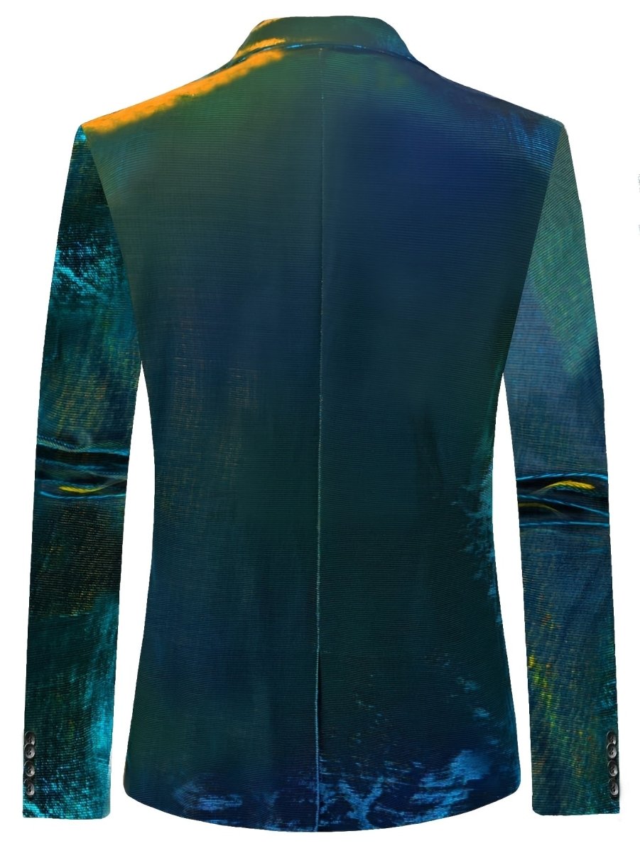 Men's ombre gradient party blazer by SHOWLU FASHION, dark green to blue, two-button suit jacket with flap pockets for weddings and events.