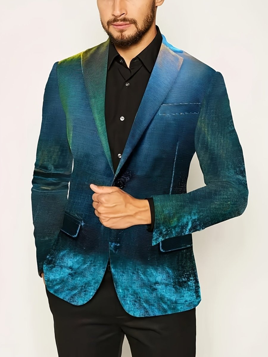 Men's ombre gradient party blazer by SHOWLU FASHION with dark green to blue color, two-button design, flap pockets, suitable for events.