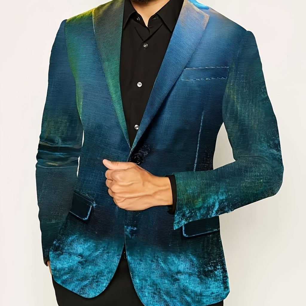 Men's SHOWLU FASHION ombre gradient party blazer in dark green to blue with two buttons and flap pockets, ideal for weddings and events.