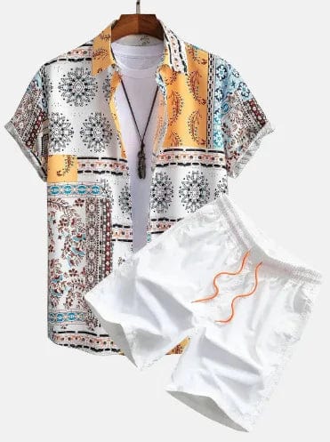 Men's flamingo print Hawaiian shirt and shorts set by Showlu Fashion, featuring vibrant summer tropical design.