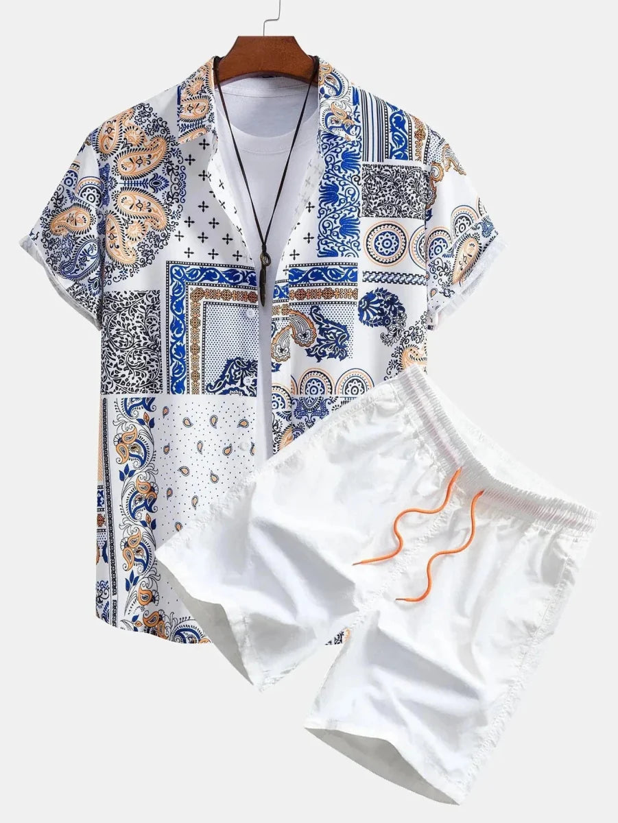 Men's flamingo print Hawaiian shirt and shorts set by Showlu Fashion, featuring vibrant summer tropical style.