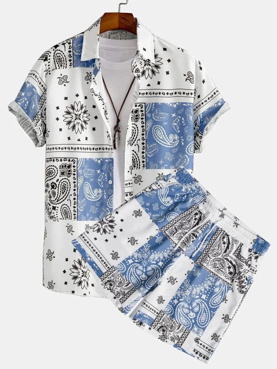 Men's flamingo print Hawaiian shirt and shorts set by Showlu Fashion, featuring tropical floral design and casual summer style.