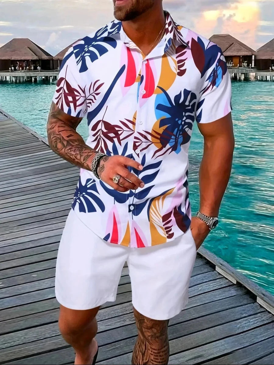 Men's flamingo print Hawaiian shirt and shorts set by Showlu Fashion, featuring vibrant summer tropical design and lightweight fabric.