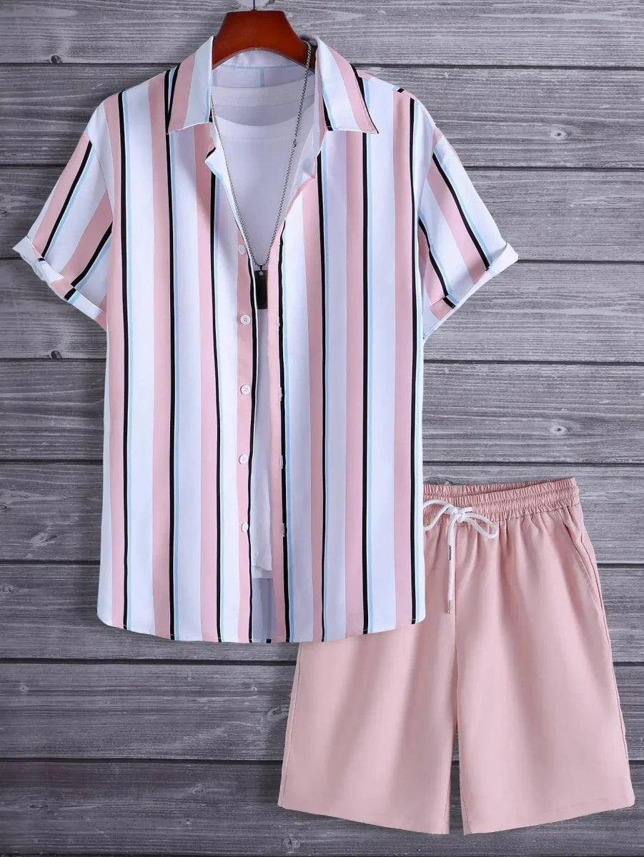 Men's Hawaiian flamingo print 2-piece summer shirt and shorts set by Showlu Fashion, featuring bright tropical design and lightweight fabric.
