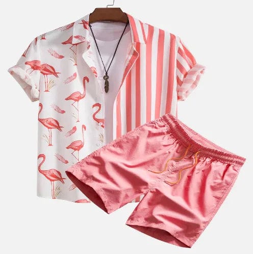 Men's flamingo print Hawaiian shirt and shorts set by Showlu Fashion, featuring vibrant summer tropical floral design.