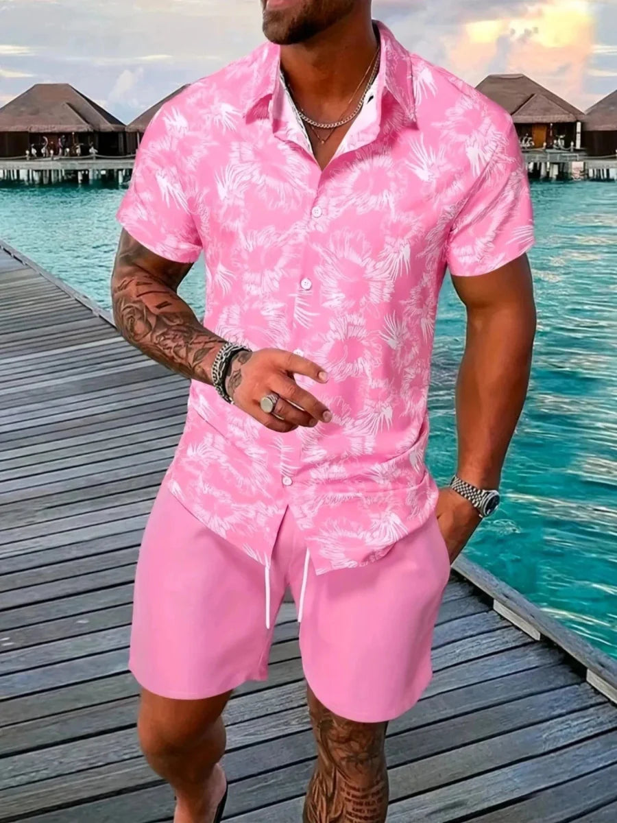 Men's Hawaiian summer set with flamingo print, includes short-sleeve shirt and matching shorts by Showlu Fashion.