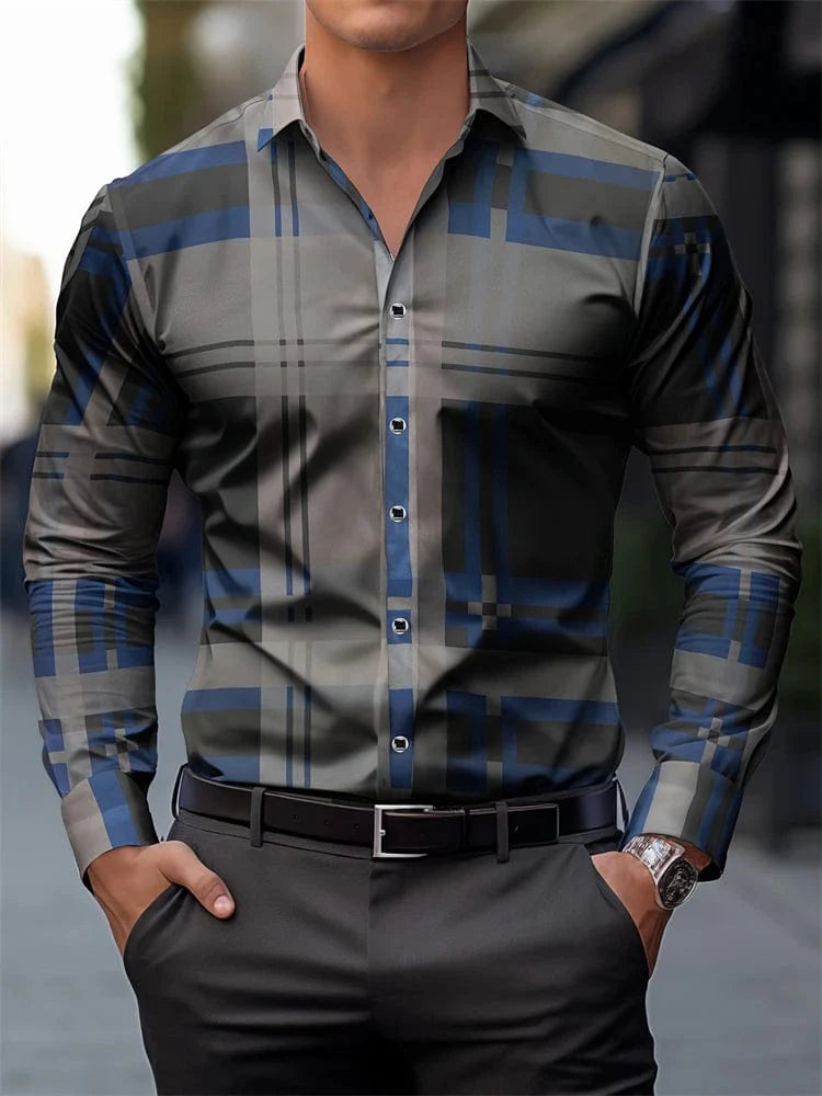 Men's blue striped Hawaiian shirt by SHOWLU FASHION STORE, long sleeve casual V-neck shirt with a tropical print and streetwear style.