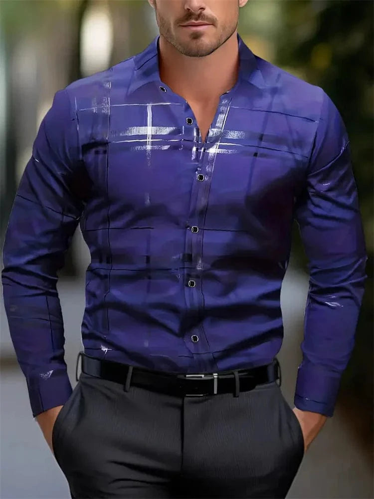 Men's blue striped Hawaiian shirt by SHOWLU FASHION, long sleeve casual V-neck style, perfect for summer beach and streetwear.