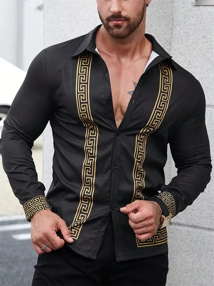 Men's blue striped Hawaiian shirt with long sleeves, V-neck, casual style, perfect for summer beachwear and street fashion.