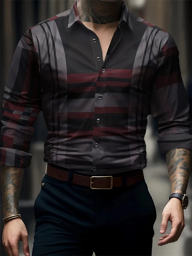 Men's blue striped Hawaiian shirt by SHOWLU FASHION STORE featuring long sleeves, V-neck, casual summer beachwear, and stylish streetwear.