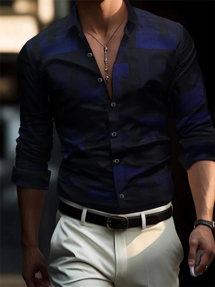 Men's blue striped Hawaiian shirt by SHOWLU FASHION STORE featuring long sleeves, V-neck, casual style, perfect for summer and beachwear.