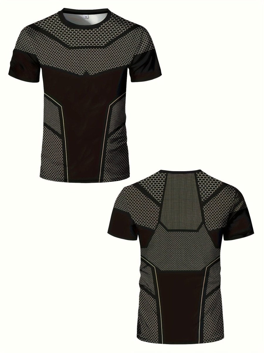 SHOWLU Men's geometric print quick-dry high-stretch activewear T-shirt, breathable and ideal for fitness training and summer workouts.