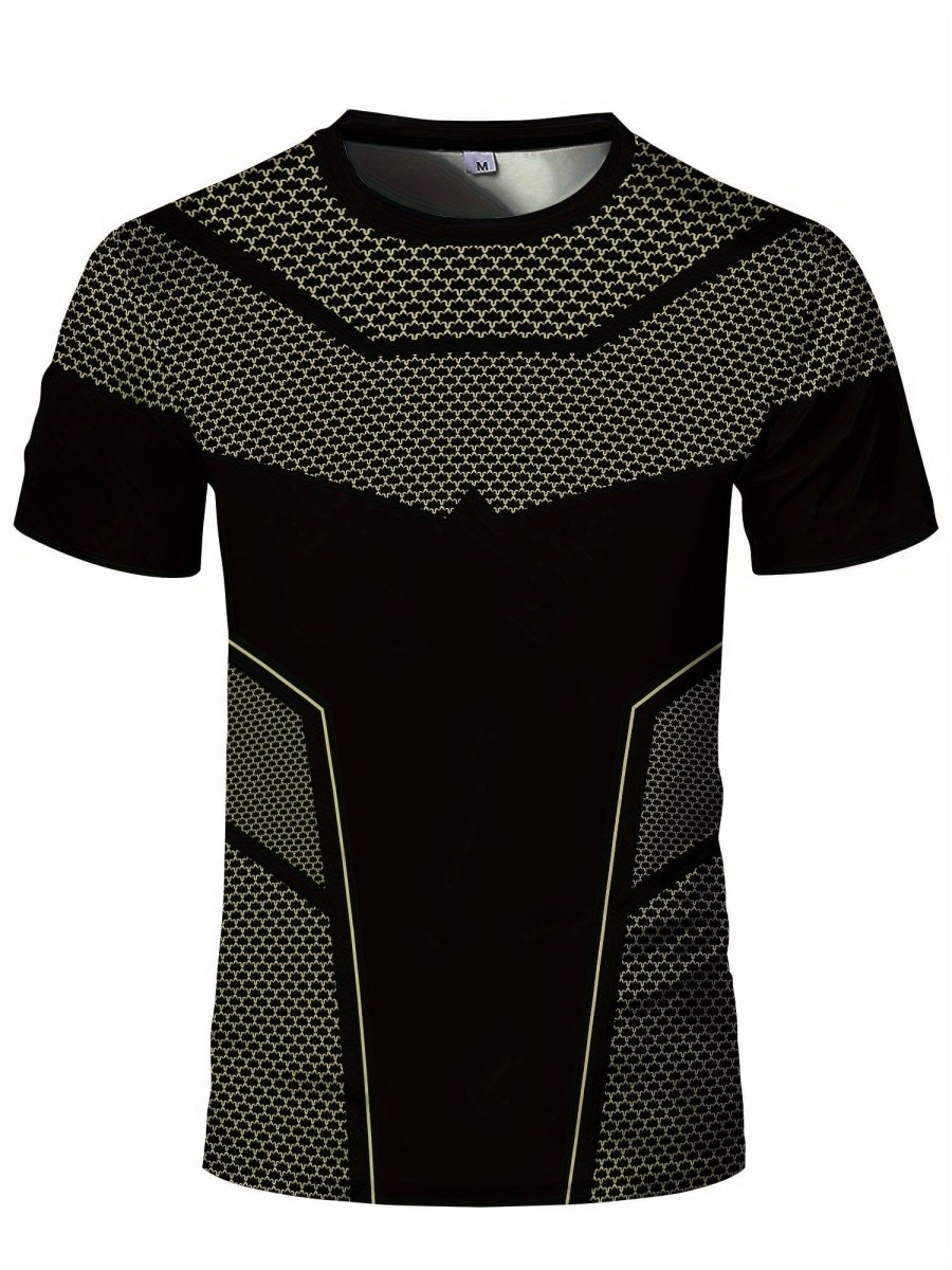 SHOWLU men's geometric print quick-dry high-stretch activewear T-shirt, breathable for fitness training and summer wear.