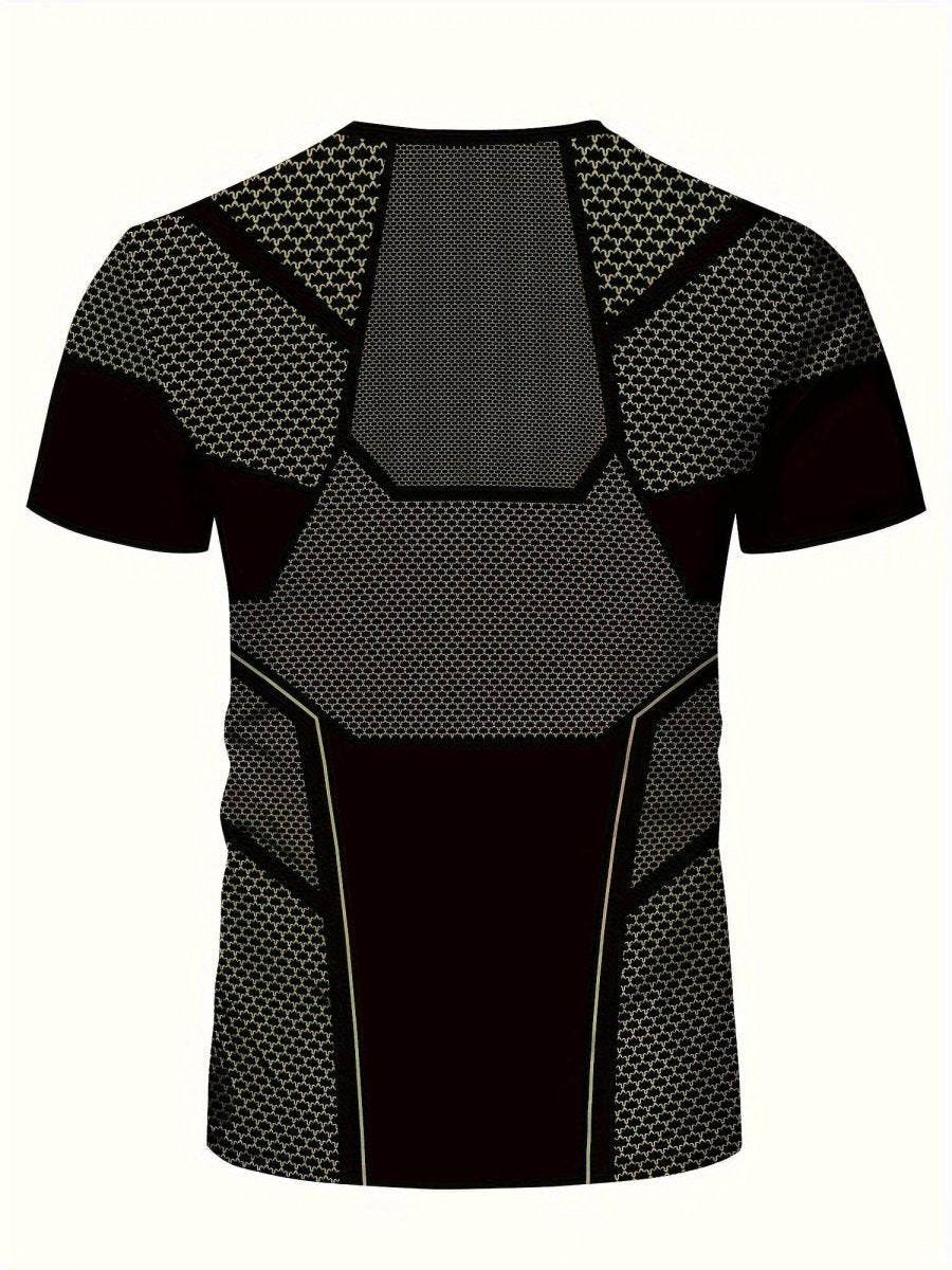 Men's SHOWLU geometric print quick-dry T-shirt with high elasticity, breathable activewear ideal for fitness and summer workouts.