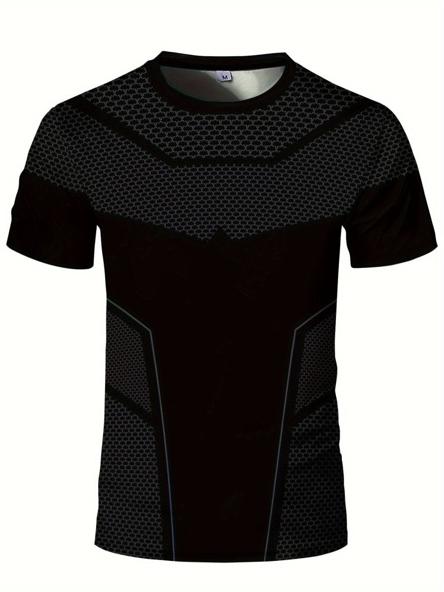 Men's SHOWLU geometric print quick-dry T-shirt, high-stretch breathable activewear for fitness and summer training.