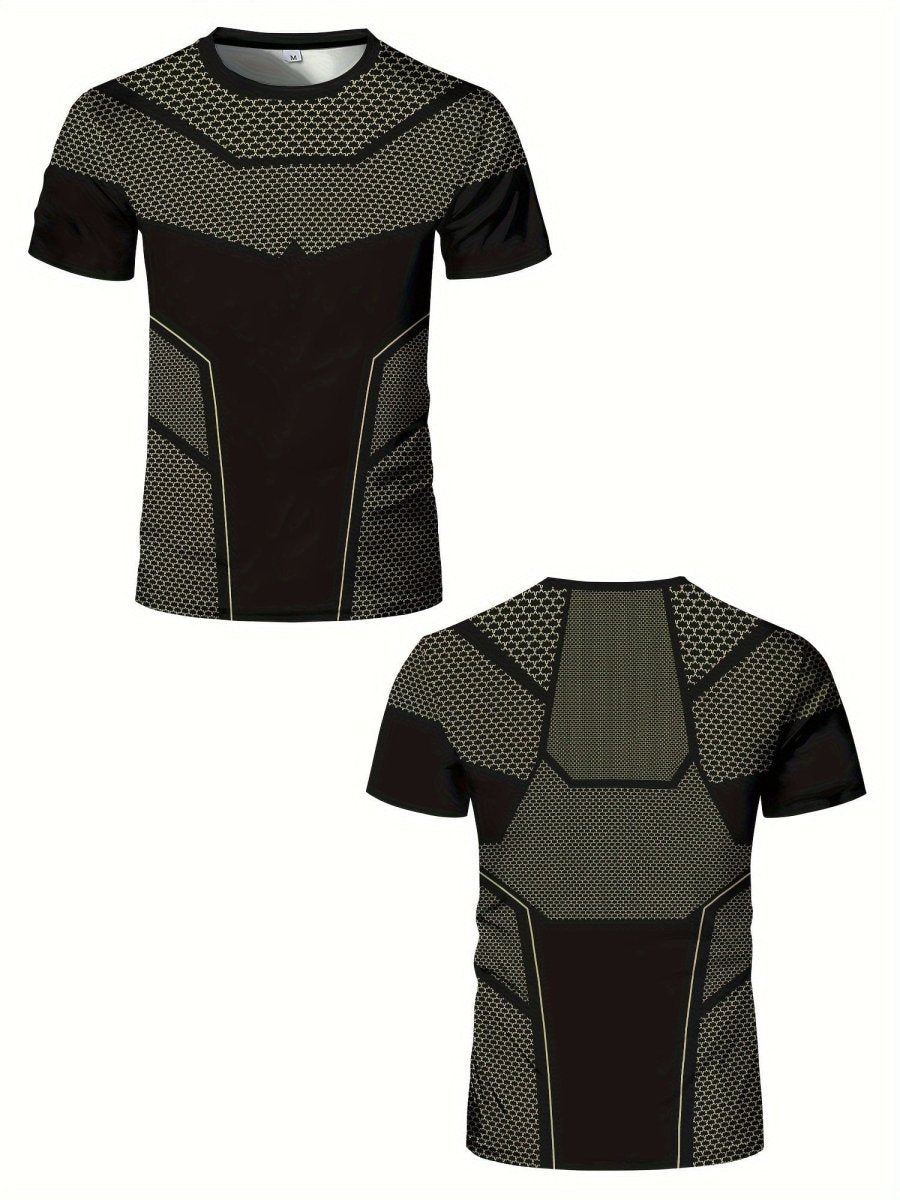 Men's SHOWLU high-stretch geometric print quick-dry T-shirt, breathable activewear for fitness and summer training.