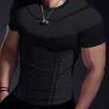 Men's SHOWLU high-stretch geometric print quick-dry T-shirt, breathable activewear ideal for fitness and summer training.