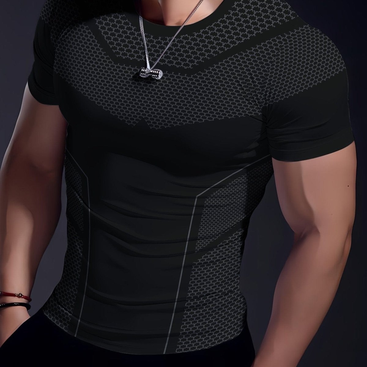 Men's SHOWLU high-stretch geometric print quick-dry T-shirt, breathable activewear ideal for fitness and summer training.