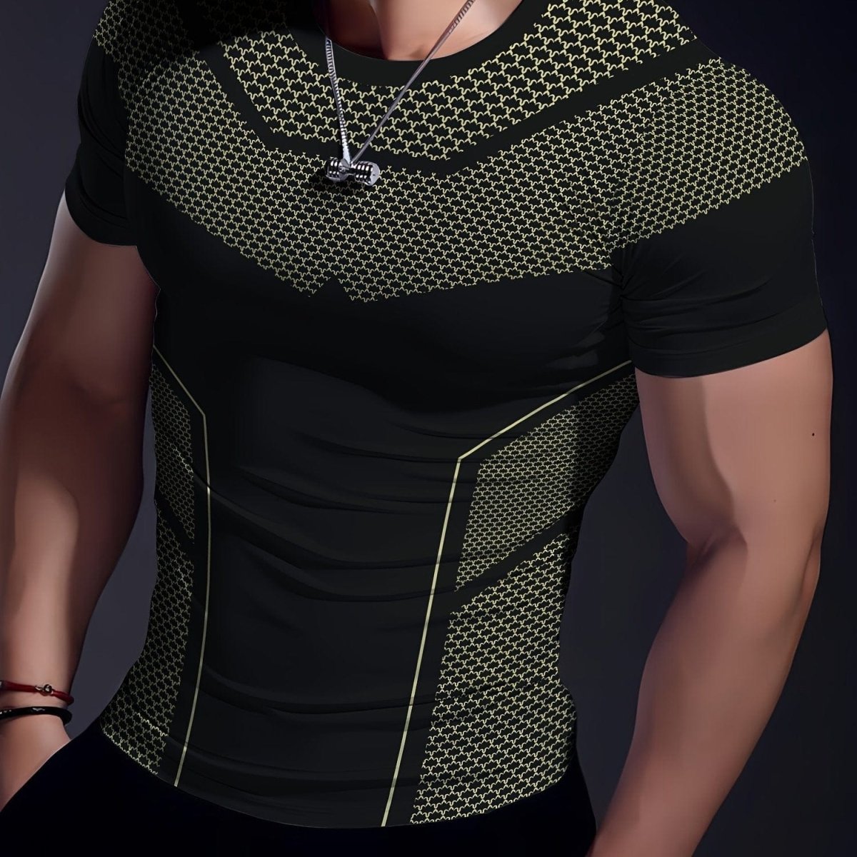 Men's SHOWLU geometric print quick-dry T-shirt with high elasticity, breathable activewear ideal for fitness and summer workouts.