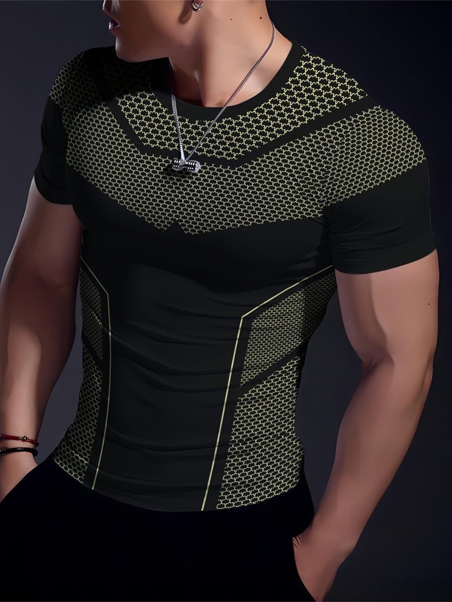 Men's SHOWLU geometric print quick-dry T-shirt with high elasticity, breathable activewear ideal for fitness and summer training.