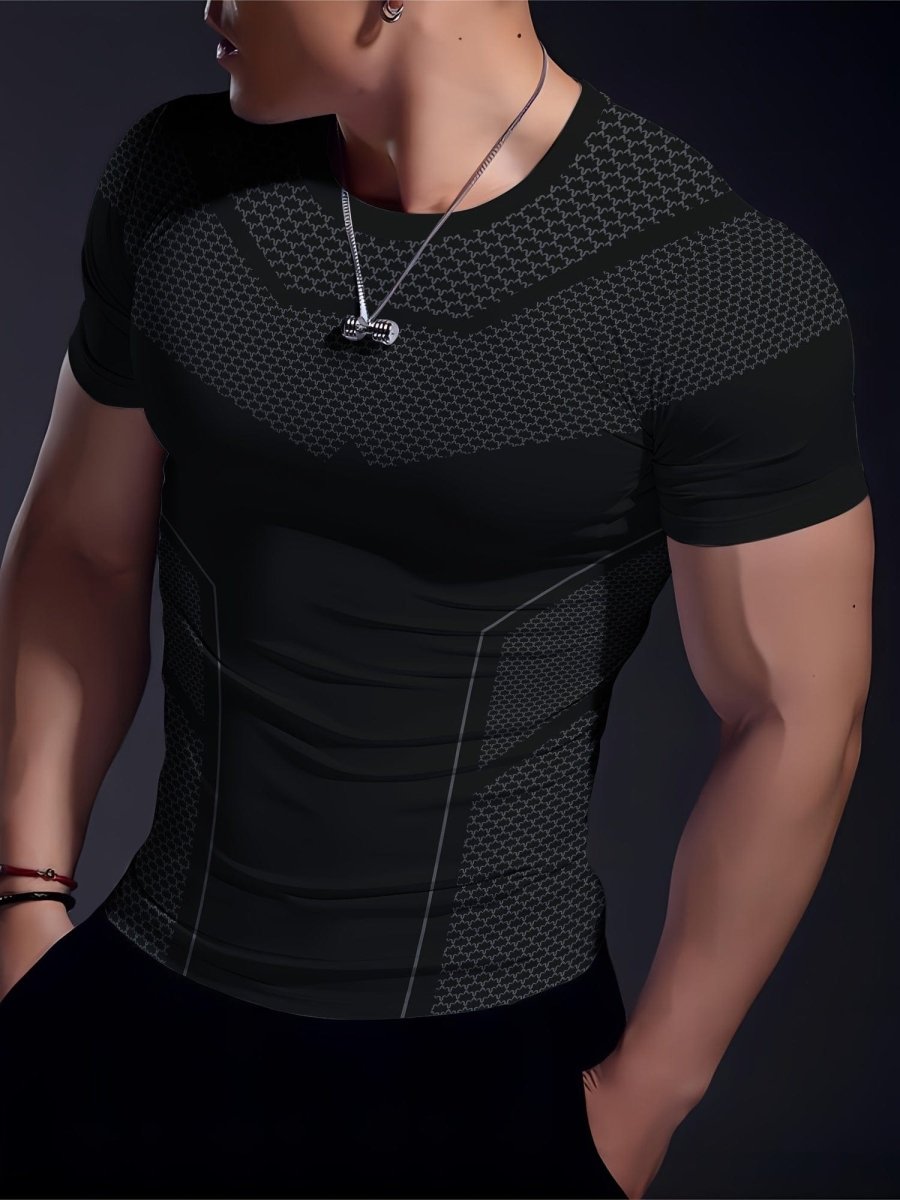 Men's SHOWLU geometric print quick-dry T-shirt with high elasticity, breathable activewear suitable for fitness and summer workouts.