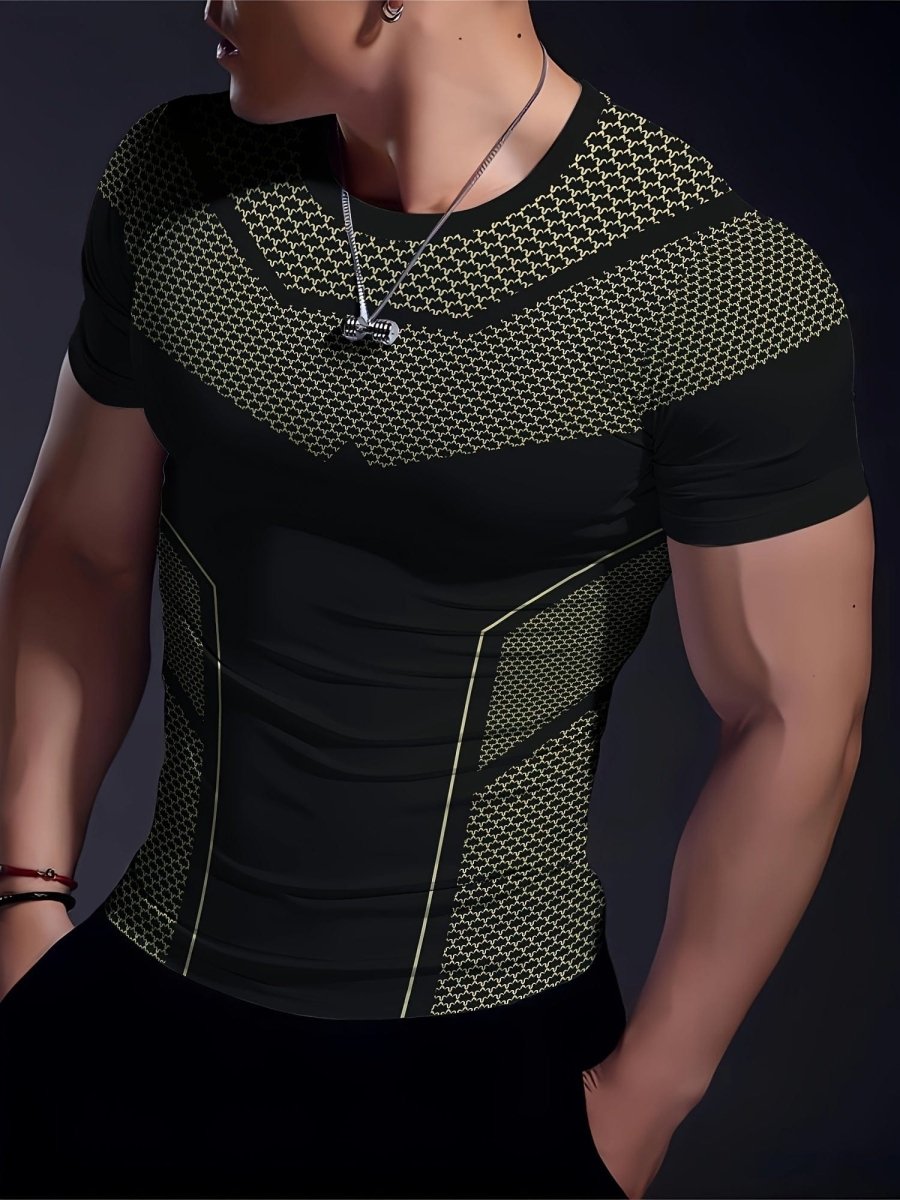 Men's SHOWLU high-stretch geometric print quick-dry T-shirt, breathable activewear ideal for fitness and summer workouts.