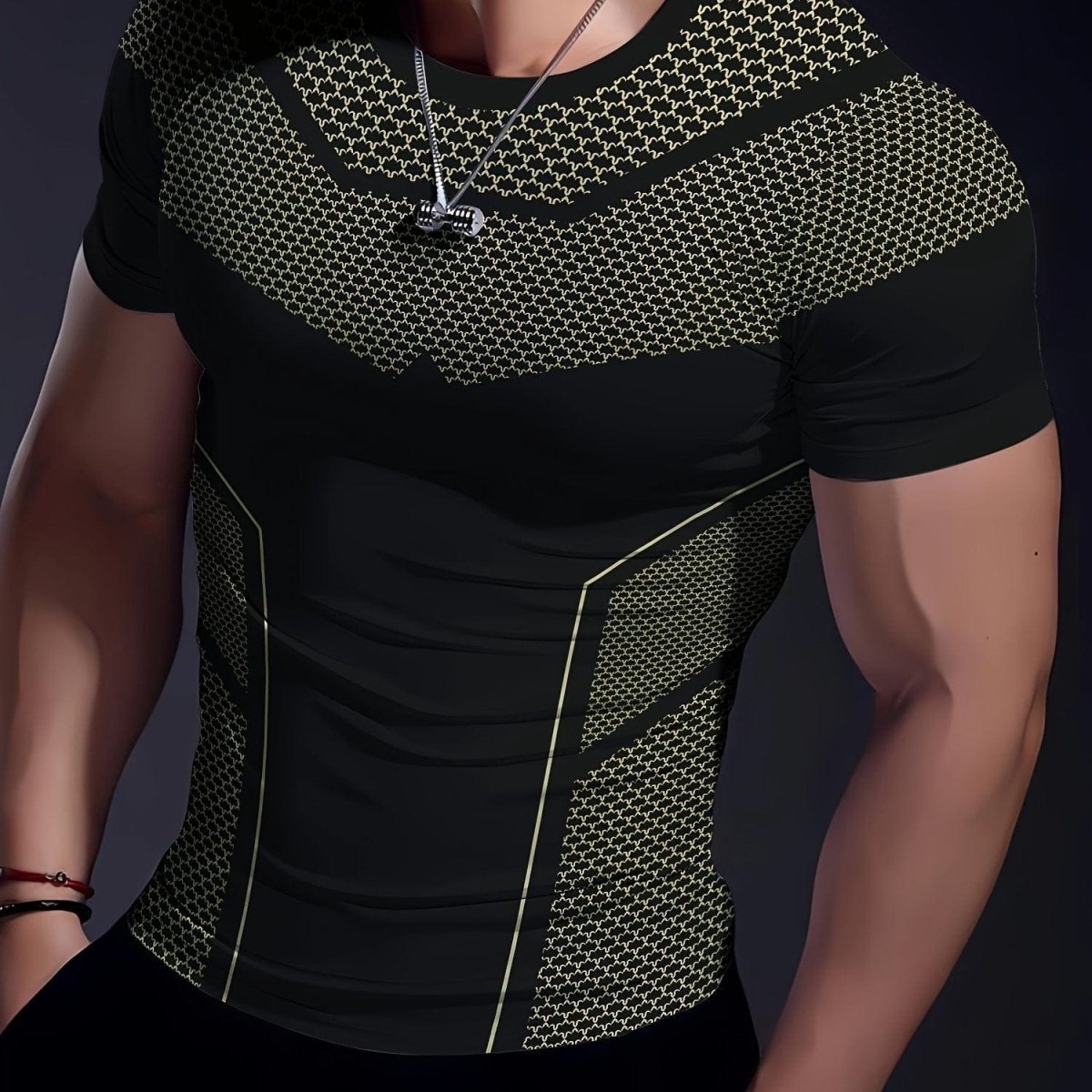 Men's SHOWLU high-stretch geometric print quick-dry T-shirt, breathable activewear ideal for fitness and summer workouts.