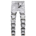 Men's straight leg ripped jeans in light gray denim, full-length trousers with distressed details for casual style.