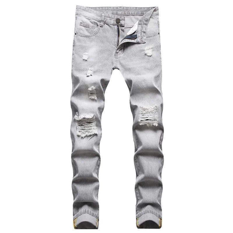 Men's straight leg ripped jeans in light gray denim, full-length trousers with distressed details for casual style.