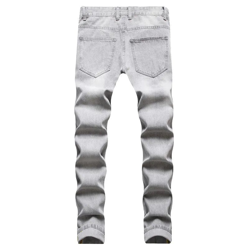 Light gray men's straight leg ripped jeans by Showlu Fashion, full-length denim trousers with distressed details.